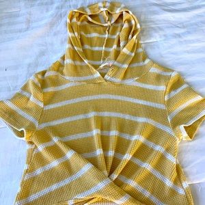 Yellow and white strip cover up, with hood.